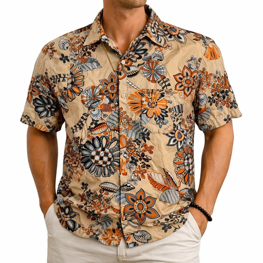 Denim & Flower Ricky Singh Hawaiian Aloha Shirt‎ Medium Floral Tan Orange